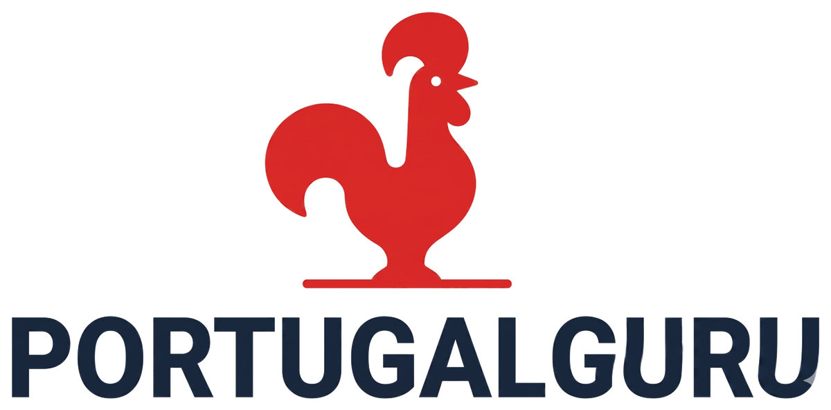 Red rooster logo above the wordmark PORTUGALGURU in bold dark blue letters, on a light background (branding image).