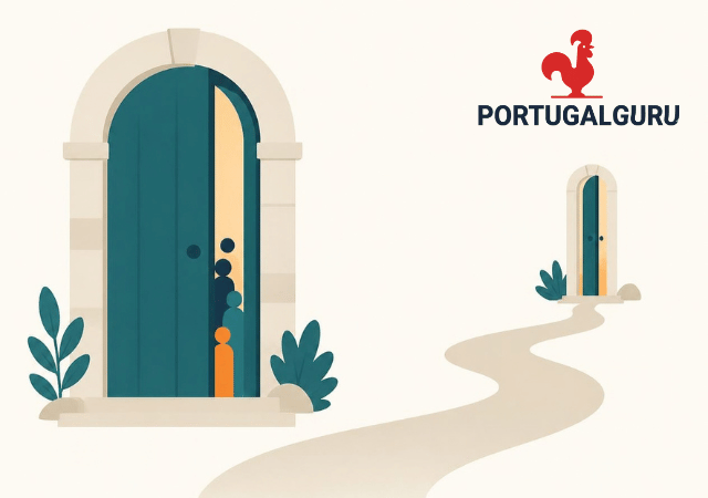 Illustration of a large teal door closing on a group of people while a path leads to a smaller door left ajar in the distance
